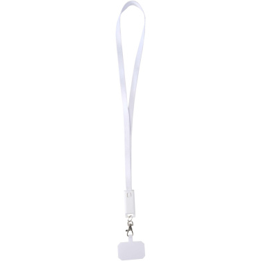 Logotrade Werbeartikel das Foto: Franz 5 in 1 Lanyard Kabel aus recyceltem Kunststoff für Smartphones mit integrierter Datensynchronisierung und 65 W Schnellladefunktion