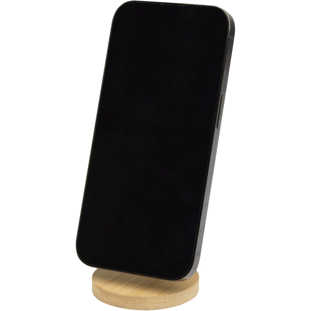 Logotrade Geschäftsgeschenke das Foto: Alcor Klappbare magnetische Smartphonehalterung aus recyceltem Kunststoff mit Bambusdetails