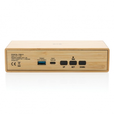 Logo trade promotional merchandise photo of: Bamboo alarm clock with 5W wireless charger