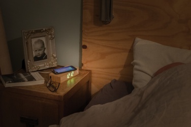 Logotrade promotional merchandise photo of: Bamboo alarm clock with 5W wireless charger