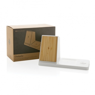 Logo trade advertising products image of: Ontario recycled plastic & bamboo 3-in-1 wireless charger