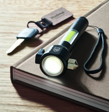 Logo trade promotional products image of: 3-in-1 aluminum flashlight with an emergency hammer and seatbelt cutter, customizable with printing