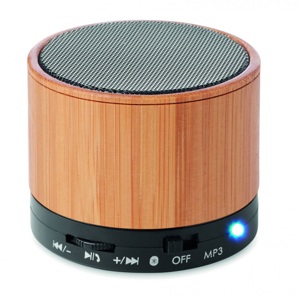 Logo trade promotional giveaway photo of: Round Bamboo wireless speaker