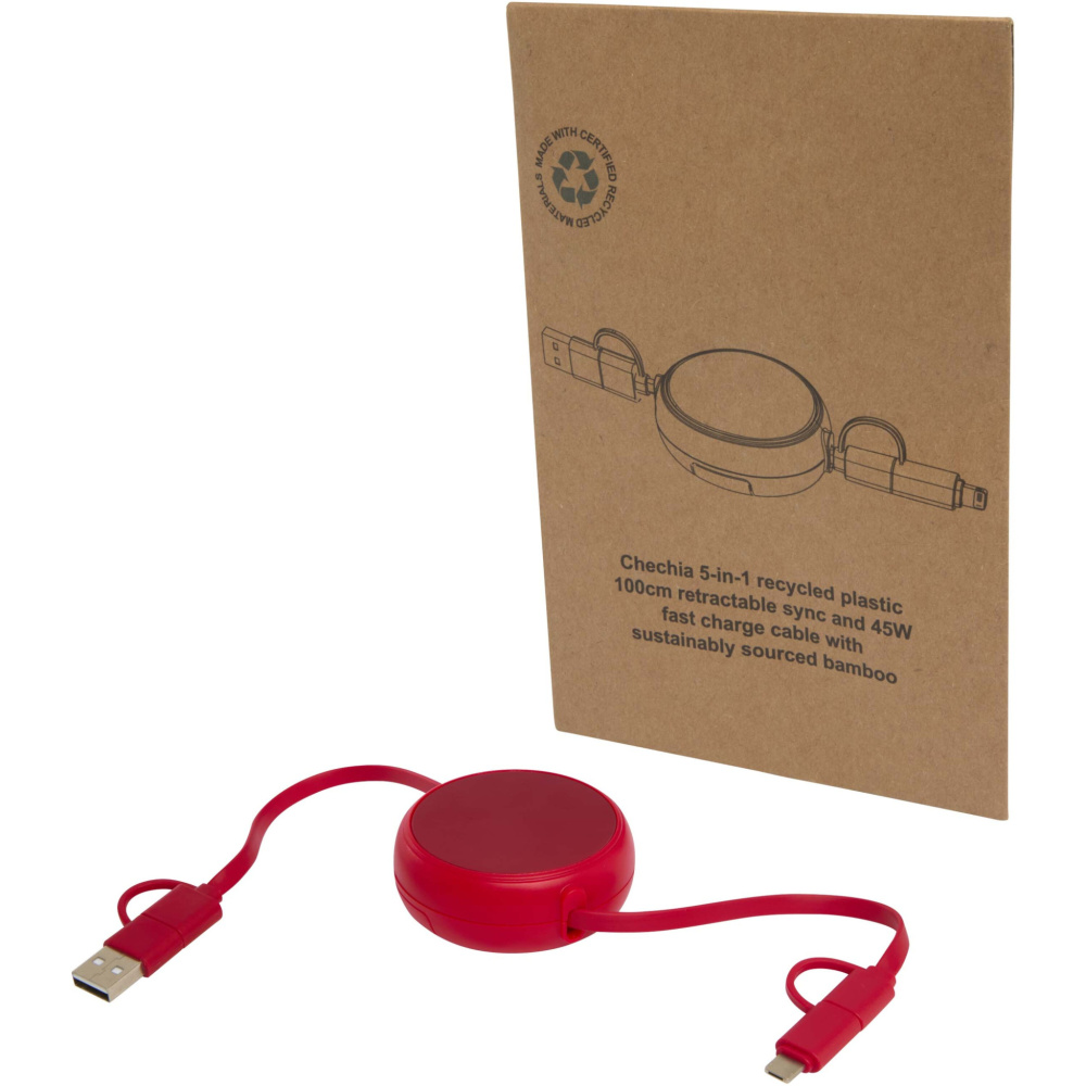 Logotrade promotional merchandise image of: Alasia 5-in-1 100 cm recycled plastic and aluminium retractable data sync and 45W fast charge cable