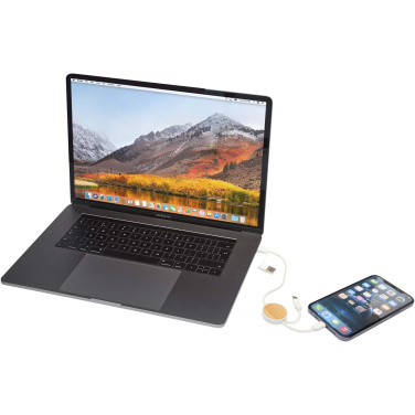 Logo trade promotional products image of: Chechia 5-in-1 recycled plastic 30 cm data sync and 27W fast charge cable with bamboo details