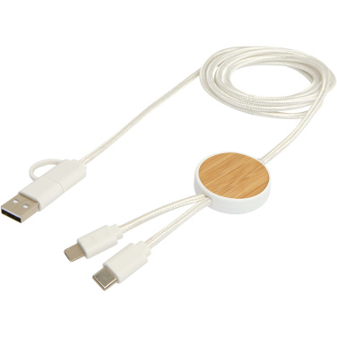 Logo trade corporate gifts image of: Chechia 5-in-1 recycled plastic 150 cm data sync and 27W fast charge cable with bamboo details