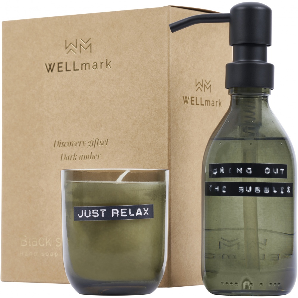 Logo trade mainoslahja ja liikelahja tuotekuva: Wellmark Discovery 200 ml:n käsisaippua-annostelija ja 150 g tuoksukynttiläsetti – tumman meripihkan tuoksu