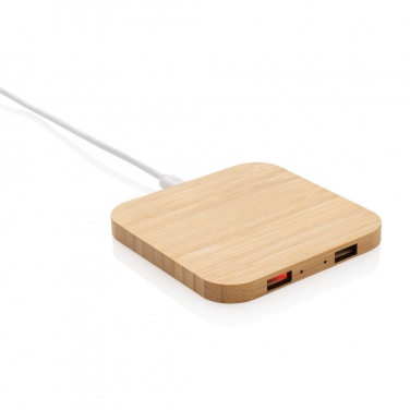 Logo trade mainostuotet tuotekuva: 10W bambuinen langaton laturi USB:llä