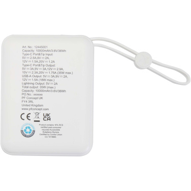 Logo trade mainoslahjat ja liikelahjat kuva: Acrux 10 000 mAh:n ja 35 W:n tablettivirtalähde, jossa sisäänrakennettu Type-C-kaapeli – valmistettu kierrätetystä muovista