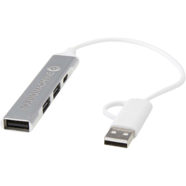 Logotrade mainoslahjat ja liikelahjat tuotekuva: Alkaid 4-porttinen kierrätetystä alumiinista valmistettu USB-A- ja Type-C-keskitin, jossa kaksi sisääntuloa