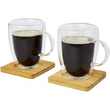 Logotrade profilprodukter bild: Manti två stycken 350 ml glaskopp med dubbelvägg och underlägg av bambu 