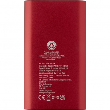 Logotrade profilprodukter bild: Juice trådlös 4 000 mAh Type C-powerbank i återvunnen aluminium 