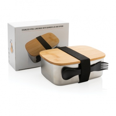 Logotrade presentreklam bild: Stainless steel lunchlåda med bambulock och spork